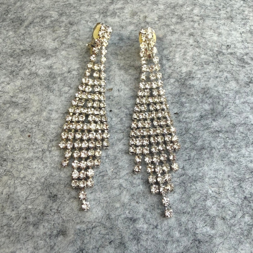 Vintage Silver Tone Rhinestone Chandelier Clip On Earrings Waterfall Fringe 3"
